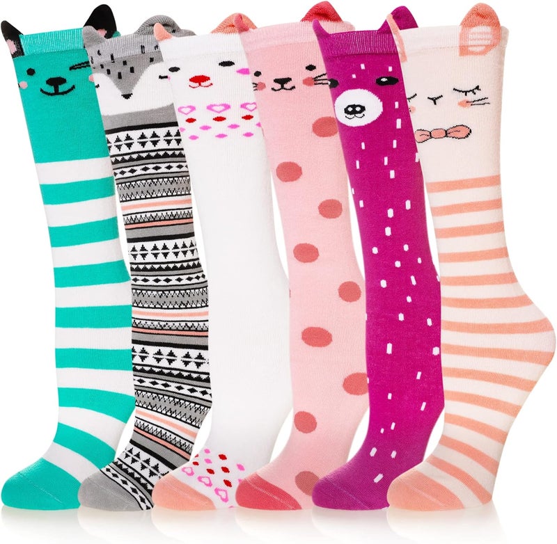 Eocom Girls Knee High Socks Kids Crazy Fun Gift Silly Tall Boot Cute Animal Cotton Long Socks 6 Pairs - Image 1